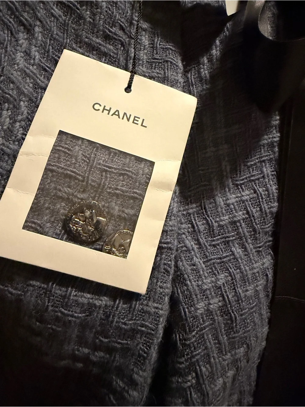 CHANEL Navy Tweed Wide-Leg Pants with Black Satin Waist Tie